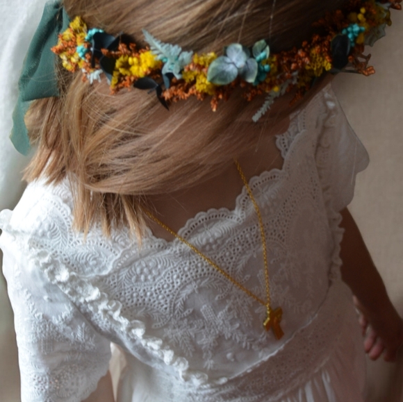 Floral Crown, green yellow and orange. Real preserved flowers - Picture 3 of 4